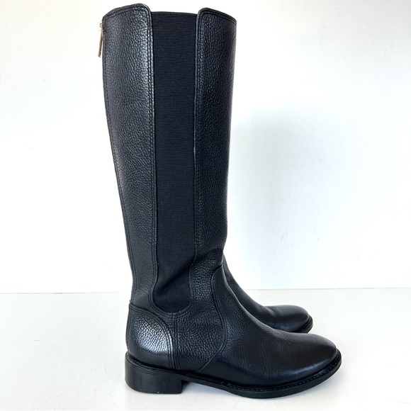 ♦️SOLD♦️TORY BURCH Christy Black Pebbled Leather Stretch Knee High Riding Boots - Picture 2 of 12